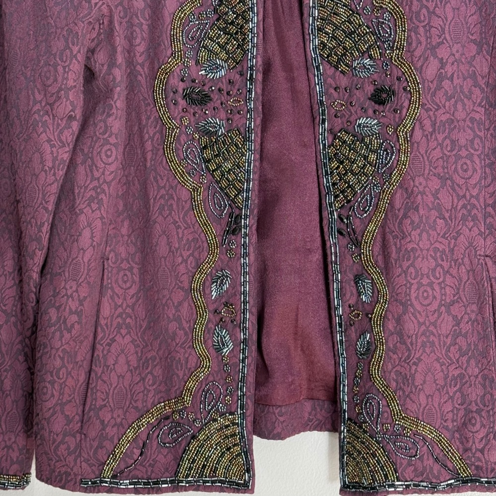 Chicos Purple Beaded Damask Open Front Jacket Size 0 XS S Ornate Evening Blazer - Picture 3 of 9